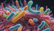 Close-up of differently colored prokaryotes for example Escherichia coli bacteria
