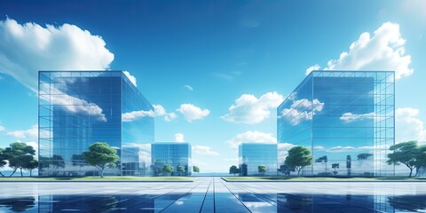 Wall Mural - corporate headquarters or large office under a blue sky. AI generated so has no ties with any real entities. New condition glassy building, under a fair blue sky.