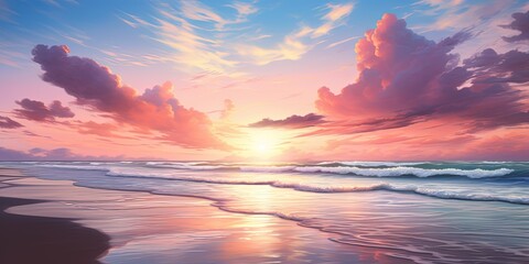 Wall Mural - A breathtaking sunset with pink clouds over a tranquil beach with gentle waves and reflective sands