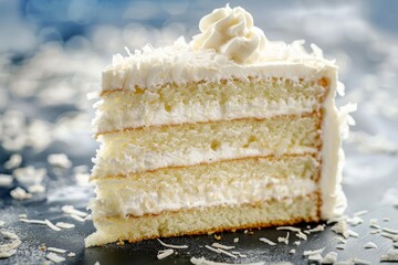 Coconut Cake, White Dessert, Frosting Vanilla Torte Slice, Cream Sponge Coconut Cake, Copy Space