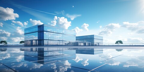 Wall Mural - AI generated corporate headquarters or large office under a blue sky. AI generated so has no ties with any real entities. New condition glassy building, under a fair blue sky.