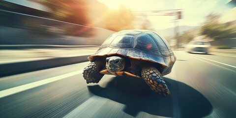 Wall Mural - Super fast turtle running at high speed on the street between cars in strategy and innovation concept