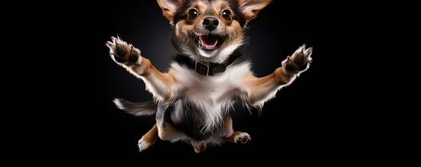 Wall Mural - Funny dog in jump. jumping puppy. shocked surprised playful doggy or pet isolated on black background. crazy dog headshot smiling on black background with copy space