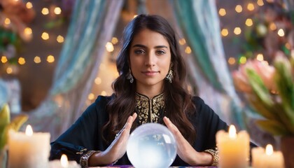 Wall Mural - Gypsy young woman fortune teller working with glowing crystal ball, predicting future, looking directly into camera, esoteric mysticism decorations in background