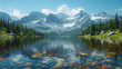 Panoramic view on mountain lake in front of mountain range, national park in Altai republic, Siberia, Russia.