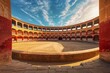An empty round bullfight arena in Spain with a clock tower in the background. The traditional Spanish bullring stands silently, devoid of any audience or performers.