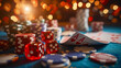 Casino chips and red gaming dice and poker cards, on dark background with bokeh, blur golden background. Concept of casino game poker, card playing, gambling chips banner backdrop background