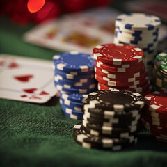 Stack of poker chips  before the poker cards in a casino on the blur background of a green table. Concept of poker game, game business. Playing for money, a big win, a jackpot, gambling.