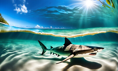 Poster - Sunlit Beach with Underwater Shark