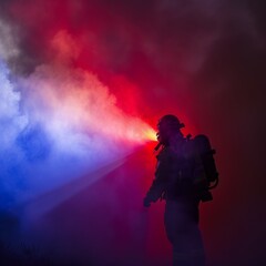 Wall Mural - Rescue man in firefighter uniform and oxygen mask walk through orange signal smoke