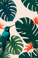  Summer pattern background with tropical leaves, flowers, monstera leaves and hummingbird.