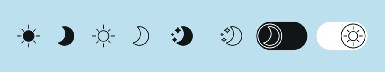 Poster - Sun and moon outline icon. Dark and light theme for app concept. Web ui sign. Moonlight and sunlight symbol. Simple flat design. moon and a sun in eps Vector illustration.