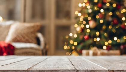 Poster - blank white table with abstract cozy christmas themed living room decor and snowy blurred background