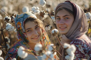 Wall Mural - Uzbek woman in a cotton field. harvesting.