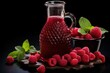 Bottles of fresh raspberry juice and berries lie on a black background isolated