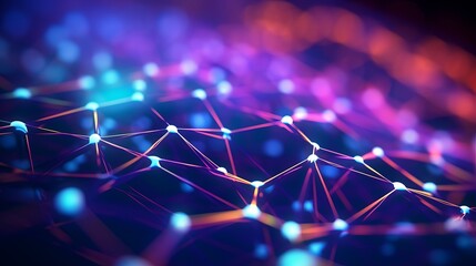Poster - 3D render of a colorful glowing nanotechnology grid with depth of field, forming a computer-generated abstract background.