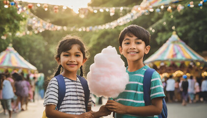 Two kids at he funfair carnival holding  cotton cady; kid at the amusement park 