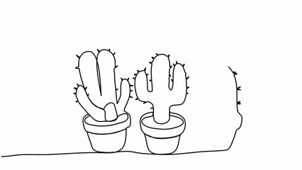 Wall Mural - Cactuses in pots. One line drawing animation with alpha channel.