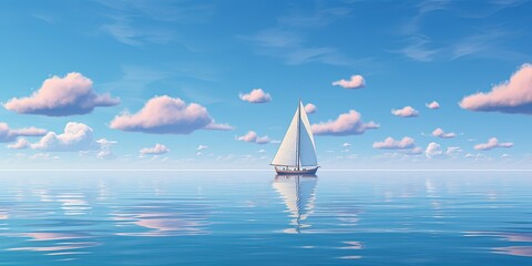 Wall Mural - A single sailboat floating calmly on a crystal clear blue ocean under a sky with minimal clouds
