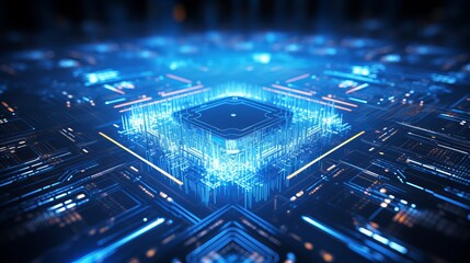 Wall Mural - 3D rendering of a blue-glowing futuristic quantum processor, creating a computer-generated abstract background.