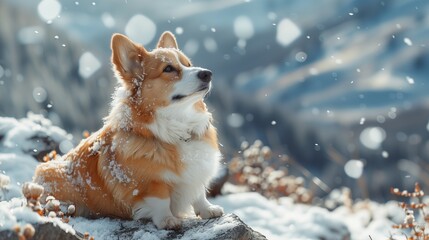 Canvas Print - A corgi, a carnivorous dog breed, sits on a snowy rock in a natural landscape