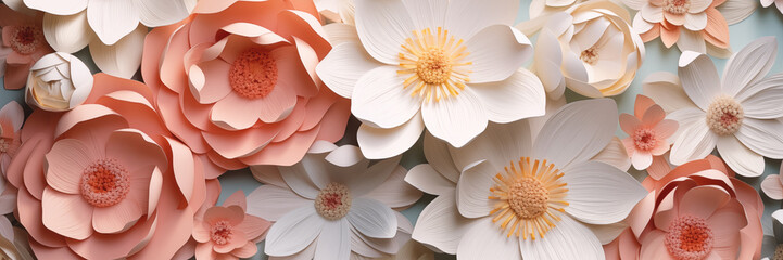 Wall Mural - Elegant paper floral background banner in neutral tones. Panoramic web header. Wide screen wallpaper