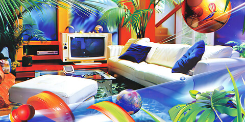 Eclectic Escape: Modern TV Set with Eclectic Furnishings and Vibrant Artwork, Celebrating Diversity and Individuality in Desig