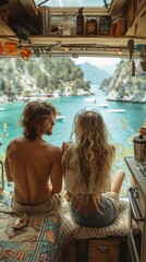 Wall Mural - A man and a woman sitting on a bed in a camper