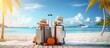 Two suitcases are positioned on a sandy beach, indicating that a couple may have recently arrived or are preparing to depart for their tropical vacation.