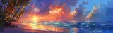 Fototapeta  - Sunset with palm trees on beach, landscape of palms on sea island. AI generated illustration