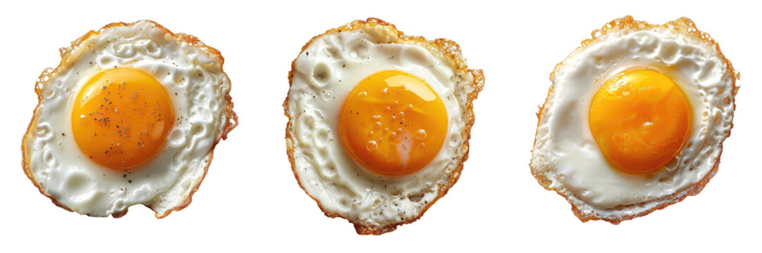 set fried egg. top view. isolated on transparent png solid white background