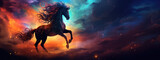 Fototapeta  - Majestic horse gallops through cosmos, mane flowing with ethereal colors, stars and nebulae in background, embodying celestial spirit, fantasy, vibrant.