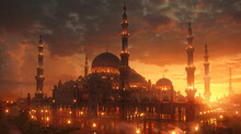 A Majestic Mosque Illuminated By The Soft Glow Of Lanterns, Echoing The Joyous Spirit Of Eid Al-Fitr.