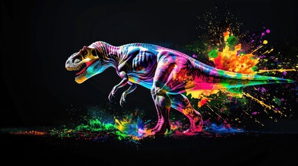 Wall Mural - A wild predator T-rex, designed for hunting, yet a beautiful majestic creature. Painted with paint splash technique. Isolated black background. Also for T-shirt printing pattern. Generative AI