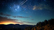 An enchanting night sky with meteors streaking brightly over serene mountains, creating a sense of tranquility
