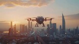 Fototapeta  - Urban air mobility drones transporting people and goods across city skylines