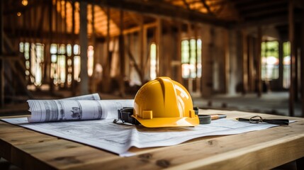 Architectural drawings and a hard hat on a rustic wooden