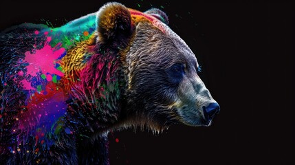 Wall Mural - A wild predator brown bear, designed for hunting, yet a beautiful majestic creature. Painted with paint splash technique. Isolated black background. Also for T-shirt printing pattern. Generative AI