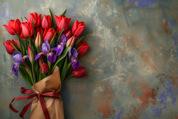 Wall Mural - A composition of red tulips and purple irises, wrapped in a brown paper and tied with a ribbon.