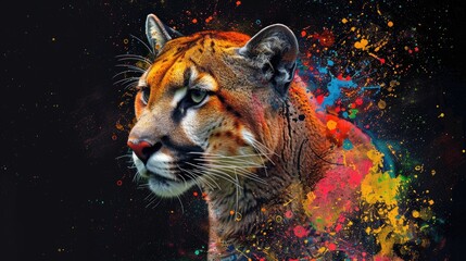 Wall Mural - A wild predator cougar, designed for hunting, yet a beautiful majestic creature. Painted with paint splash technique. Isolated black background. Also for T-shirt printing pattern. Generative AI