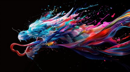 Wall Mural - A wild predator dragon, designed for hunting, yet a beautiful majestic creature. Painted with paint splash technique. Isolated black background. Also for T-shirt printing pattern. Generative AI