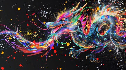 Wall Mural - A wild predator dragon, designed for hunting, yet a beautiful majestic creature. Painted with paint splash technique. Isolated black background. Also for T-shirt printing pattern. Generative AI