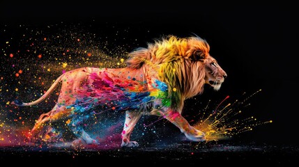 Wall Mural - A wild predator lion, designed for hunting, yet a beautiful majestic creature. Painted with paint splash technique. Isolated black background. Also for T-shirt printing pattern. Generative AI