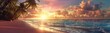 Sunset on the beach. Paradise beach. Tropical paradise, white sand, beach, palm trees and clear water. AI generated illustration