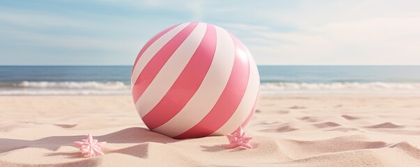 Wall Mural - A playful pink and white striped ball rests on the soft, sun-kissed sand of the beach, beckoning to be tossed around in the warm, carefree outdoors