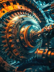 Canvas Print - Detailed view of machinery with blurred part - Precision engineering representation in a complex machinery component, excluding blurred area
