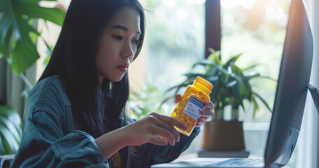 Sticker - Healthy living and dieting Asian young woman, girl working at home using computer, typing or looking up information on medicine label about vitamins online, holding bottle of food supplement.