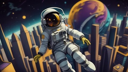 Poster - Spaceman Floating Above City Generative AI