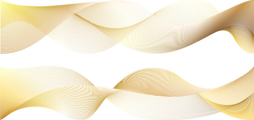 Wall Mural - Gold line wave abstract vector background. White 3d golden swoosh detail luxury curved pattern design. Wavy magic light transparent fiber of yellow color flow texture.