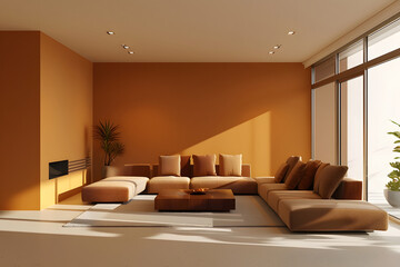 Wall Mural - modern minimalist living room, trendy mustard wall color, interior design, color palette